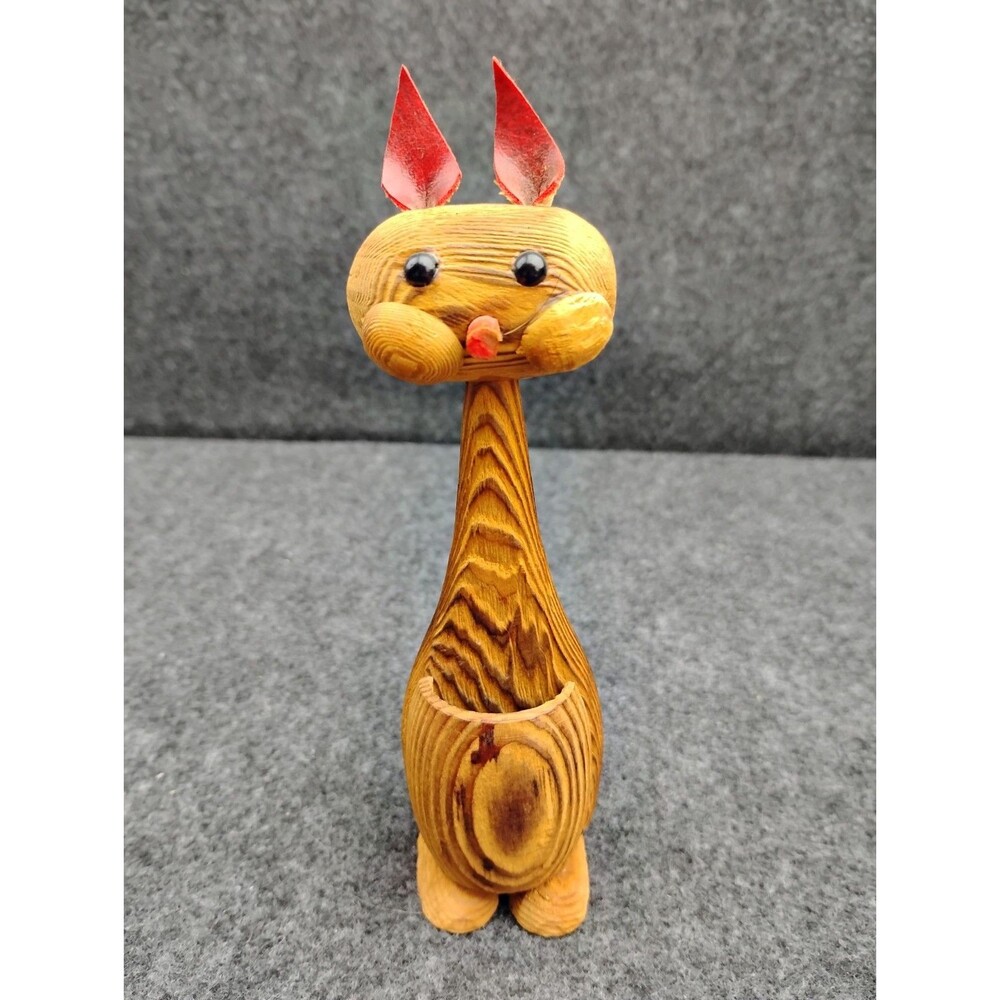 Carved Wood Cat MCM Wood Cat Figure Toothpick Holder Figurine Leather Ears